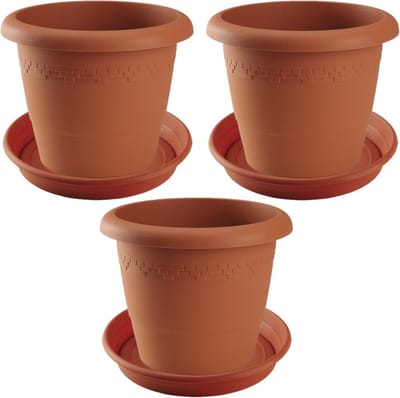 3x stuks bloempotten met onder opvangschaal in kleur terra cotta - rond diameter pot 40 cm - Plantenpotten/bakken