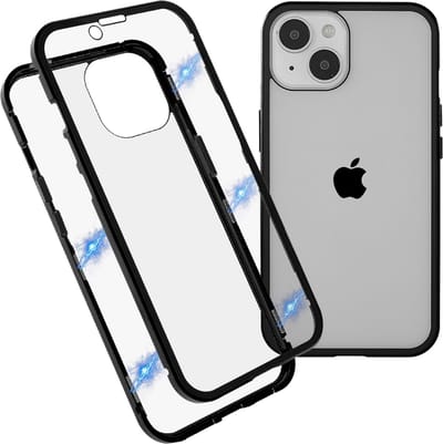 Just in Case Magnetic Metal Tempered Glass Cover hoesje geschikt voor iPhone 14 - zwart en transparant