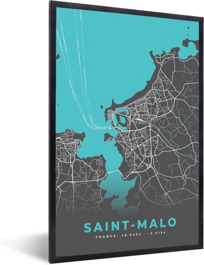 Fotolijst incl. Poster - Saint-Malo - Stadskaart - Plattegrond - Kaart - Frankrijk - 40x60 cm - Posterlijst