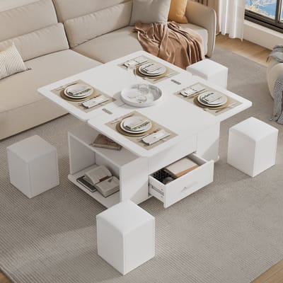 REDOM Salontafel 100x50x45 cm van spanplaat, hoogte verstelbaar, uitschuifbaar naar 100x100 cm met 4 opbergkrukken