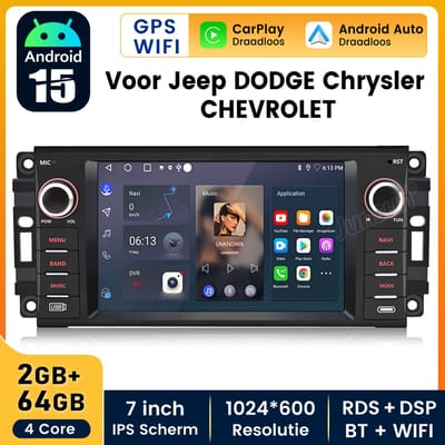 Hexinex Quad-Core autoradio Geschikt voor Jeep DODGE Chrysler CHEVROLET - Draadloos CarPlay, Android Auto, multimediaspeler, 2GB+64GB
