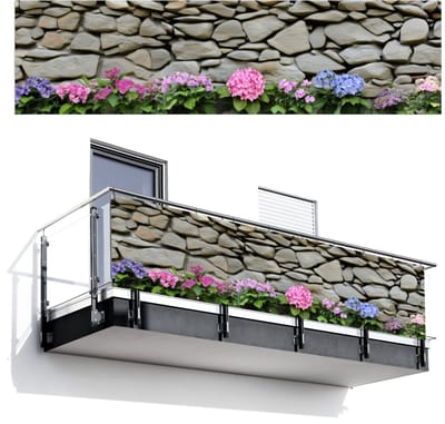 Balkonscherm 300x80 cm - Balkonposter Hortensiaâ€™s - Stenen - Muur - Bloemen - Balkon scherm decoratie - Balkonschermen - Balkondoek zonnescherm