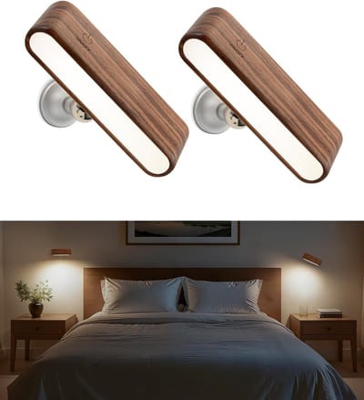 2 Stuks Houten LED Muurlamp – Zwart Notenhout – Magnetisch 360° Roteerbaar – Oplaadbaar – Helderheid Verstelbaar – Voor Bedzijde, Gang & Woonkamer