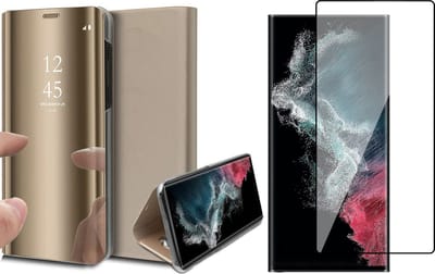 Hoesje geschikt voor Samsung Galaxy S22 Ultra - Book Case Spiegel Wallet Cover Hoes Goud - PET Glasfolie Screenprotector