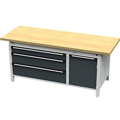 Otto Kind brede werkbank type 435, multiplexplaat van beukenhout, met overhang, tot 1400 kg, B 2004 x D 750 x H 850 mm, staal, centrale vergrendeling, lichtgrijs/antracietgrijs