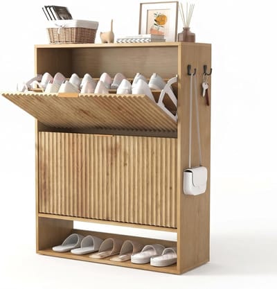 Moderne Schoenenkast houtkleur - Smal Schoenenrek met 2 Klepdeuren en Open Vak - Geribbeld Design - Ruimtebesparend - 80 x 30 x 102 cm - Voor Hal & Entree
