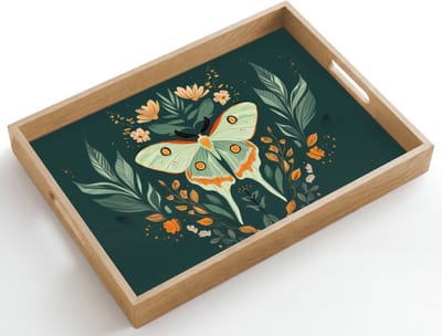 Dienblad hout 50x35 cm - Schootdienblad - Sierlijk - Vlinder - Groen - Bladeren - Borrelplank rechthoek - Plateau dienbladen