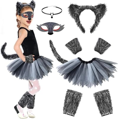 Inovra Plus - 7-delige set dierenkostuumaccessoires voor meisjes | Wolfskostuum outfit met accessoires | Wereldboekdagkostuums | Meisjes 11-12 jaar | Dierentutu-jurk | Cosplay kostuum | Kinderverkleedfeest