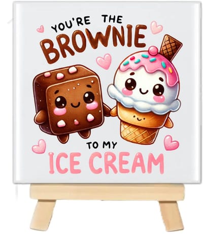 Tegeltje met tekst en schattig Kawaii food - You are the Brownie to my Ice cream - 10x10cm - inclusief houten standaard