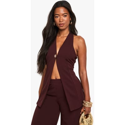 boohoo Dames Crepe Gouden Knopen Voorkant Longline Vest | Chocoladebruin | Maat: 42