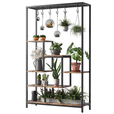 Plantenstandaard - Voor binnen - 5-laags, grote metalen plank, 6 opknophaken, multifunctioneel voor bloemen, bonsai en potten - Metaal - Bruin