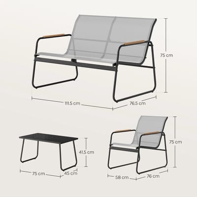 RosaBloom loungeset 4-delig - Tuinmeubelset - Tuintafel met 2-zitsbank en 2 stoelen - Terrasset - Modern design - Metaal en textileen - Grijs