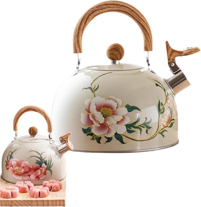 Theeketel Keuken - Bloemen Theepot - Thee Zetten - Handig Fluiteffect - 3 Liter Inhoud - Crèmekleurig