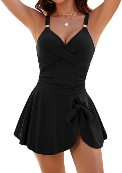 Eendelig badpak voor dames, V-hals, ruches, buikweg, badmode, push-up, badpakjurk, zwempak, elegant, metalen stropdas knoop, zwempak