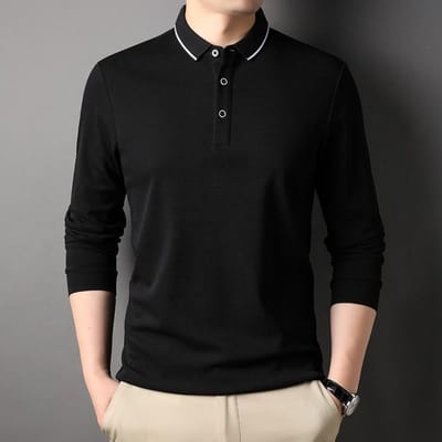 Lente en Herfst Effen Kleur Lange Mouw T-shirt Heren Nieuwe Polo Kraag Los Poloshirt XXXL black