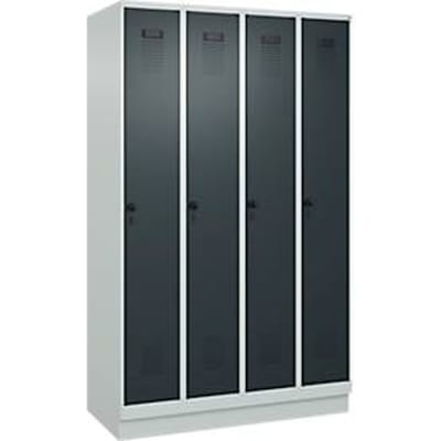 C+P Evolo Plus garderobekast, 4 vakken, 300 mm vakbreedte, met plint, rechts scharnierend, soft-close, inbraakwerend, B 1200 x D 500 x H 1950 mm, veiligheidsslot met draaigrendel, lichtgrijs RAL 7035/antracietgrijs RAL 7016