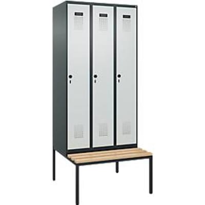 C+P Evolo Plus garderobekast, 3 vakken, 300 mm vakbreedte, met bank eronder, B 900 x D 815 x H 2120 mm, draaischroef, antracietgrijs/lichtgrijs