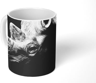 Mok - Koffiemok - Dieren - Neushoorn - Zwart - Wit - Portret - Mokken - 350 ML - Beker - Koffiemokken - Theemok