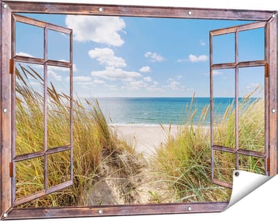 Gards Tuinposter Doorkijk Strand en Zee vanuit Duinen - 120x80 cm - Tuindoek - Tuindecoratie - Wanddecoratie buiten - Tuinschilderij