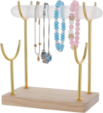 2-Tier Seleniet Armband Houder met Houten Basis, Y-vormige Display Stand voor Sieraden, Armbanden en Horloges, Goud, 7,9x13,5x15cm
