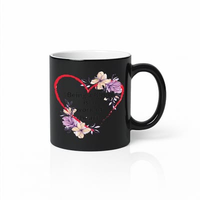 Zwarte Magic Mok 330 ml – “Being a Mom Is a Work of Heart” Warmtegevoelige Mok – Bloemen Hart Design – Perfect Cadeau voor Mama