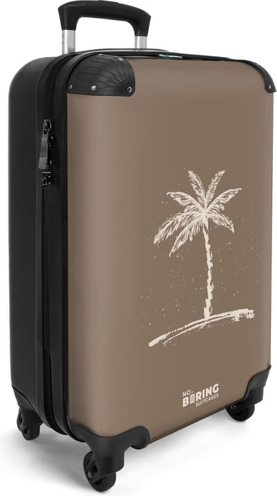 NoBoringSuitcases.com® - Handbagage koffer lichtgewicht - Reiskoffer trolley op wielen - Bruin met beige palmboom - Rolkoffer met wieltjes - Kleine reis bagagekoffer - Past binnen 55x40x20 en 55x35x25