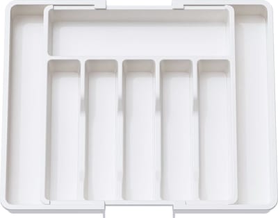 Besteklade Uitschuifbare met 8 Vakken - Bestekbak Verstelbare voor Lepels, Vorken, Messen - Lade Organizer Keukenlade - 33.5 / 57 x 38 x 5cm - Bestekhouder Keuken - Kunststof - Wit