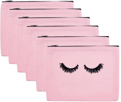 Dailygoods- Make-uptas 6 stuks - Roze - Linnen - Toilettas met ritsvak - Draagbaar ontwerp - Slijtvast polyester - Schattig wimperprint ontwerp