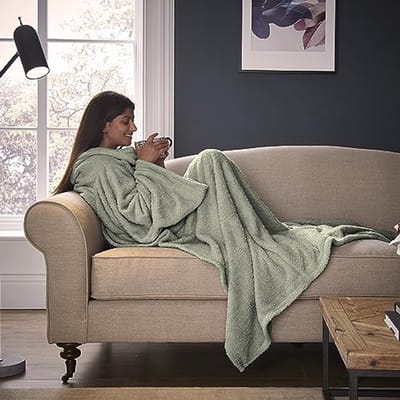 Draagbare teddy fleece deken met mouwen - 2-in-1 deken en kussen met voetzak