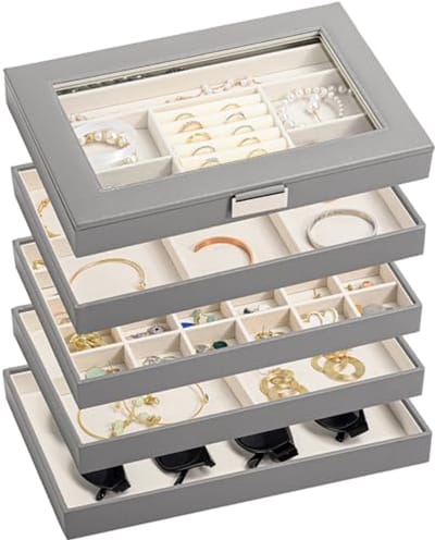 Stackable 5-Layers Jewelry Tray with Lid for Earrings, Bracelets, Watches, Rings and Lipsticks - Grey Jewelry Organizer