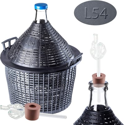 KADAX Glazen ballonset, 54 liter, fermentatieballon met kunststof mand en fermentatie-accessoires, rubberen stop, fermentatiebuisje, smalle opening, wijnballon, fles, glazen fles (glazen