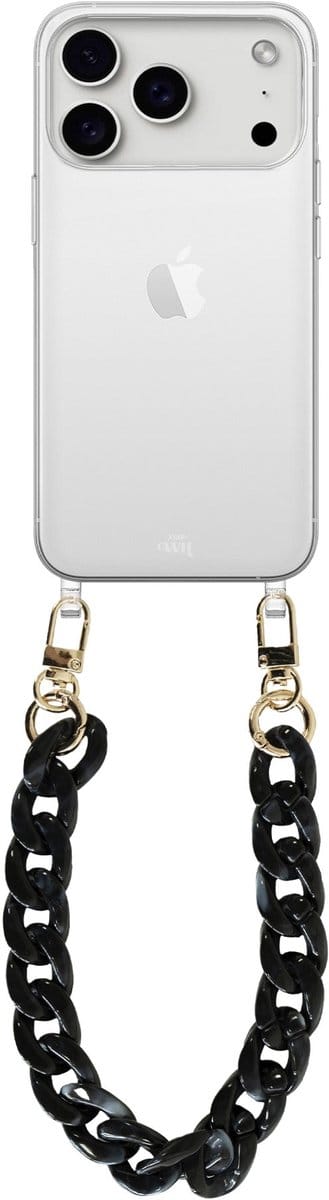 xoxo Wildhearts siliconen hoesje - Geschikt voor iPhone 17 Pro Max - Marble Black - Kort Koord - Telefoonhoesje - Hoesje met koord - telefoonkoord - Transparant hoesje - Kort zwart marmerprint koord