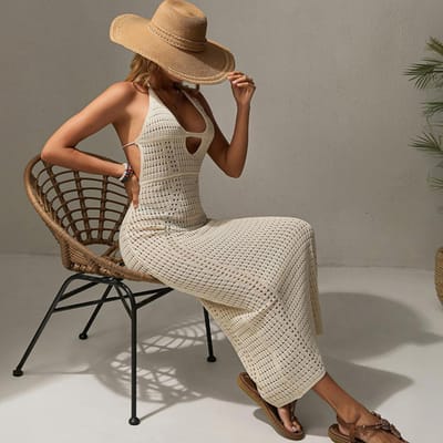 Nieuwe Stijl Sexy Hol Puur Verlangen Halter Nek Wikkelend Rugloos Vetersluiting Strandjurk voor Dames L beige