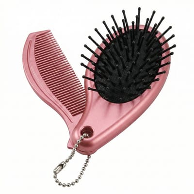 Compacte opvouwbare mini haarborstel met ingebouwde kam – Reisformaat – Rosa metallic – Ideaal voor handtas, school, sport en onderweg