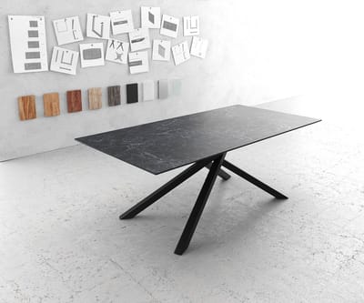 Eettafel Edge Laminam® keramiek grijs 200x100cm middenvoet kruis zwart