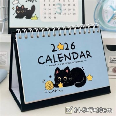 Calendrier de bureau Chaton Boule de Charbon Thème Chat Noir Calendrier de Bureaukawaii Planificateur de Table Avec Adorables Illustrations de Chats bleu