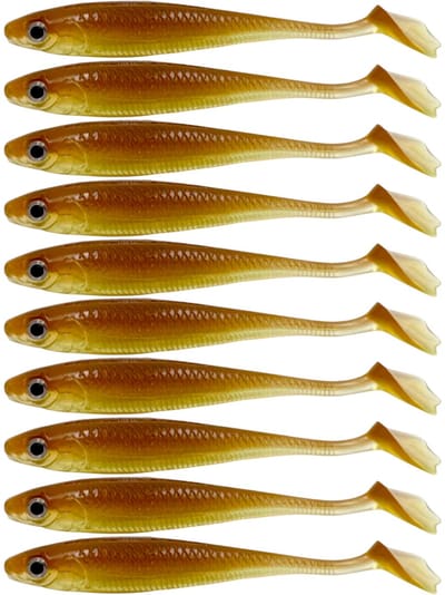 S&D | Shad Set 10 Stuks – 6.5cm / 2g – Bruin – Realistisch Kunstaas met Glitters & Schubbenpatroon – Voor Snoek, Baars & Roofvis