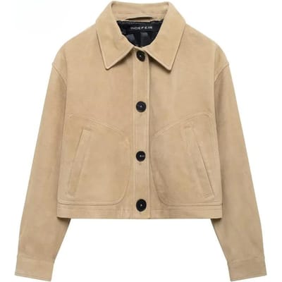 Outerwears Cropped Suède Jas Dames Herfst Knoop Korte Effen Jassen Casual Lange Mouw Halfseizoen Jas S kaki