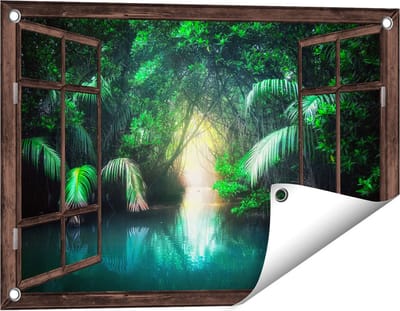 Gards Tuinposter Doorkijk Tropische Jungle met een Turquoise Meer - 60x40 cm - Tuindoek - Tuindecoratie - Wanddecoratie buiten - Tuinschilderij
