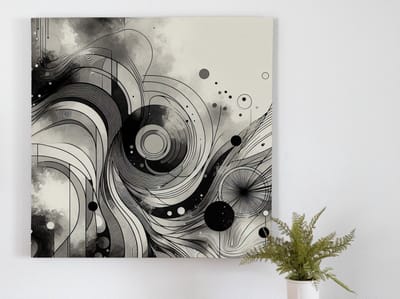 Abstract zwart wit schilderij | Monochrome meesterwerk: een dans van contrast en vormen | Kunst - 60x60 centimeter op Dibond | Foto op Dibond
