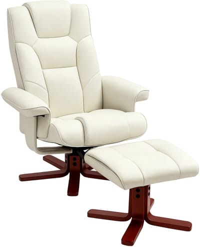 HOMCOM-Relaxsessel mit Hocker-Kunstleder, Holz-84B x 84T x 104H cm-Cremeweiß