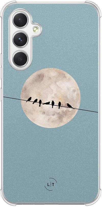 Shockproof hoesje - Geschikt voor Samsung Galaxy A54 - Moon birds - Extra sterke case - TPU/polycarbonaat - Print / Illustratie - Blauw, Transparant