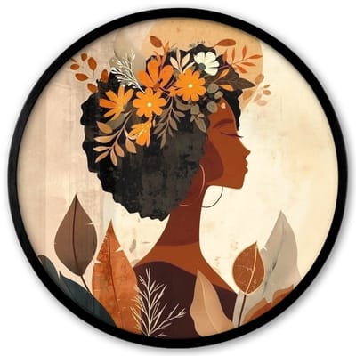 Poster in lijst Rond - Fotolijst 40x40 cm - Posters - Vrouw - Krullen - Bloemen - Beige - Ronde posterlijst zwart - Decoratie - Wanddecoratie woonkamer - Muurdecoratie slaapkamer