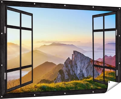 Gards Tuinposter Doorkijk Zonsopkomst in de Bergen in de Alpen - 180x120 cm - Tuindoek - Tuindecoratie - Wanddecoratie buiten - Tuinschilderij
