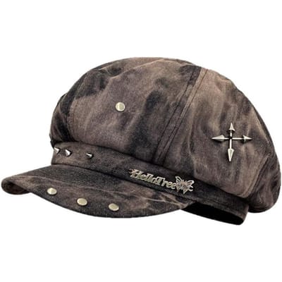 Ster Sticker Harajuku Baret Hoed Tie-Dye Patroon Klinknagel Ontwerp Gotische Hoed Streetwear Accessoires Dames Baretten Veelzijdig Gebruik gray