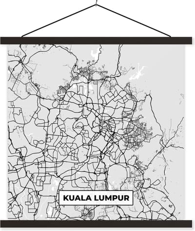 Posterhanger incl. Poster 60x60 cm - Schoolplaat - Kaart - Kuala Lumpur - Stadskaart - Plattegrond - Zwart Wit - Textielposter - Zwarte latten - Stadskaart