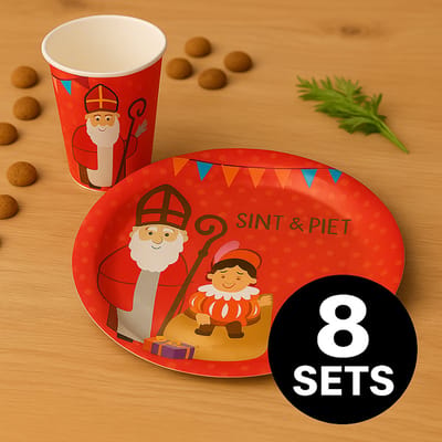 Sinterklaas Bordjes & Bekers Set – 8 Sets – Feestartikelen Sint & Piet – Borden 18 cm + Bekers 400 ml – Sinterklaas Versiering Tafel