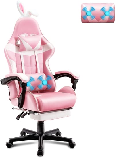 Soontrans Roze-Gaming Stoel met Inklapbare Voetensteun, Gamestoel Verstelbaar Rugleuning, Armsteun, Ergonomische Gaming Chair als Bureaustoel, Uitgerust Met Hoofdsteun en Lendensteun, PU Kunstleer Computerstoel Gaming Voor Volwassenen en Jongeren