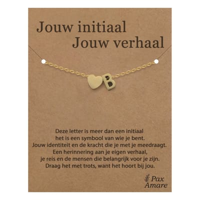 Letter B Armband op Cadeau Kaartje - Jouw initiaal, jouw verhaal - 15,5cm + 5,5cm verstelbaar Goudkleurig Stainless Steel - Initiaal & Hartje Hanger - Pax Amare