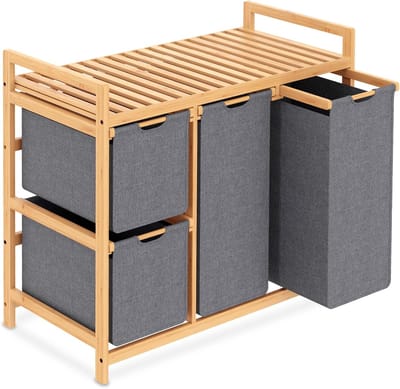 Wasmand 3 compartimenten - Wassorteerder Organizer - Wasgoed Sorteren - Met Plank en Wielen - 3 x 50L - Grijs